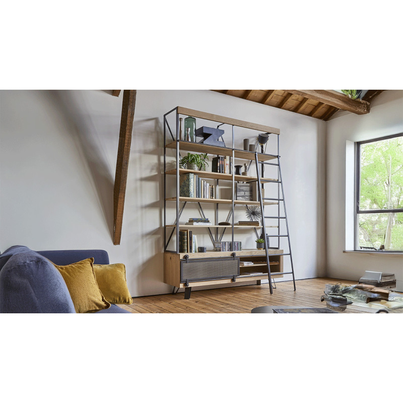 FUSION - Bibliothèque 4 étagères 1 porte métal avec échelle  